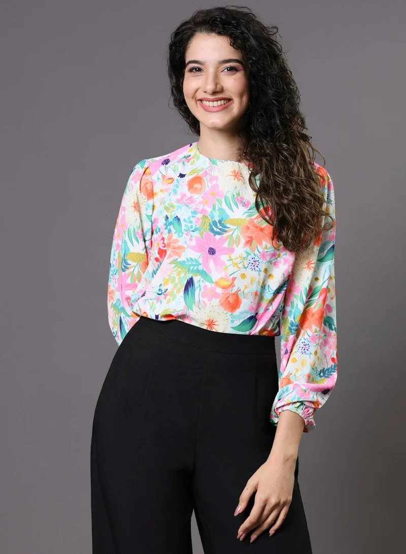 زجزاج Multi Color Floral Elastic Sleeve Top